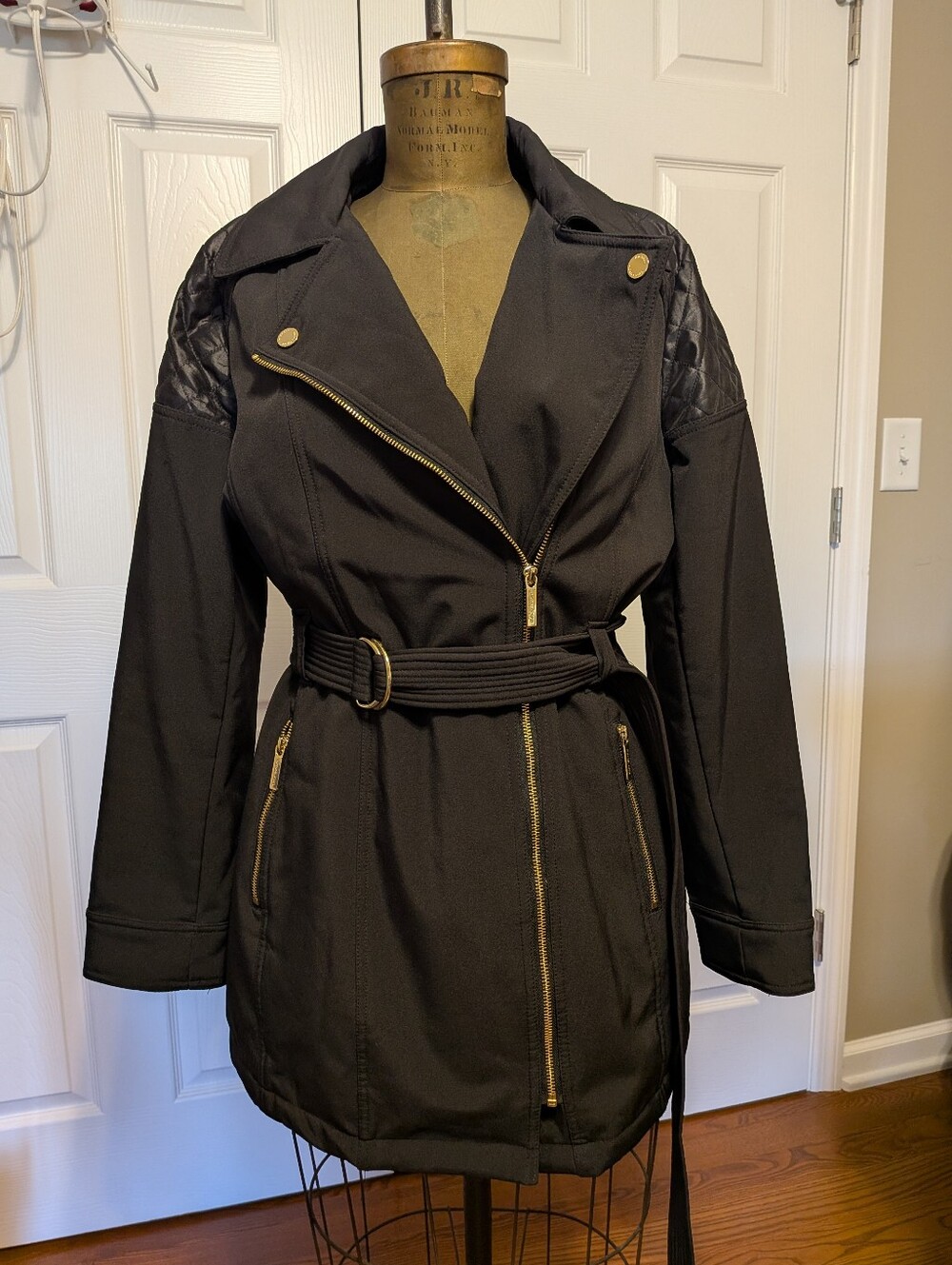 Michael Michael Kors Black Asymmetrical Zip, Quilted Belted Women's Coat